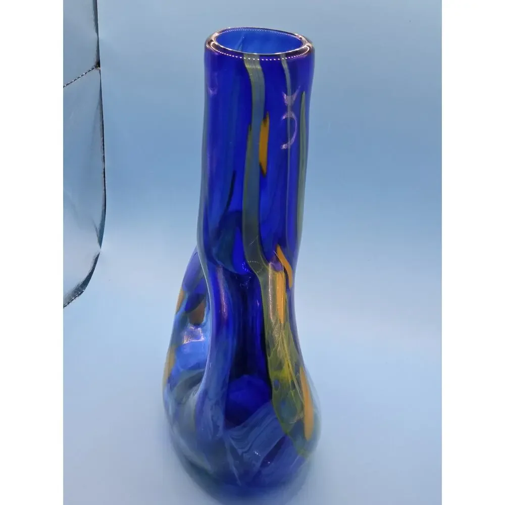 Signed Romanian Art Glass Vase Cobalt Blue Yellow Blown Studio Glass Vintage MCM